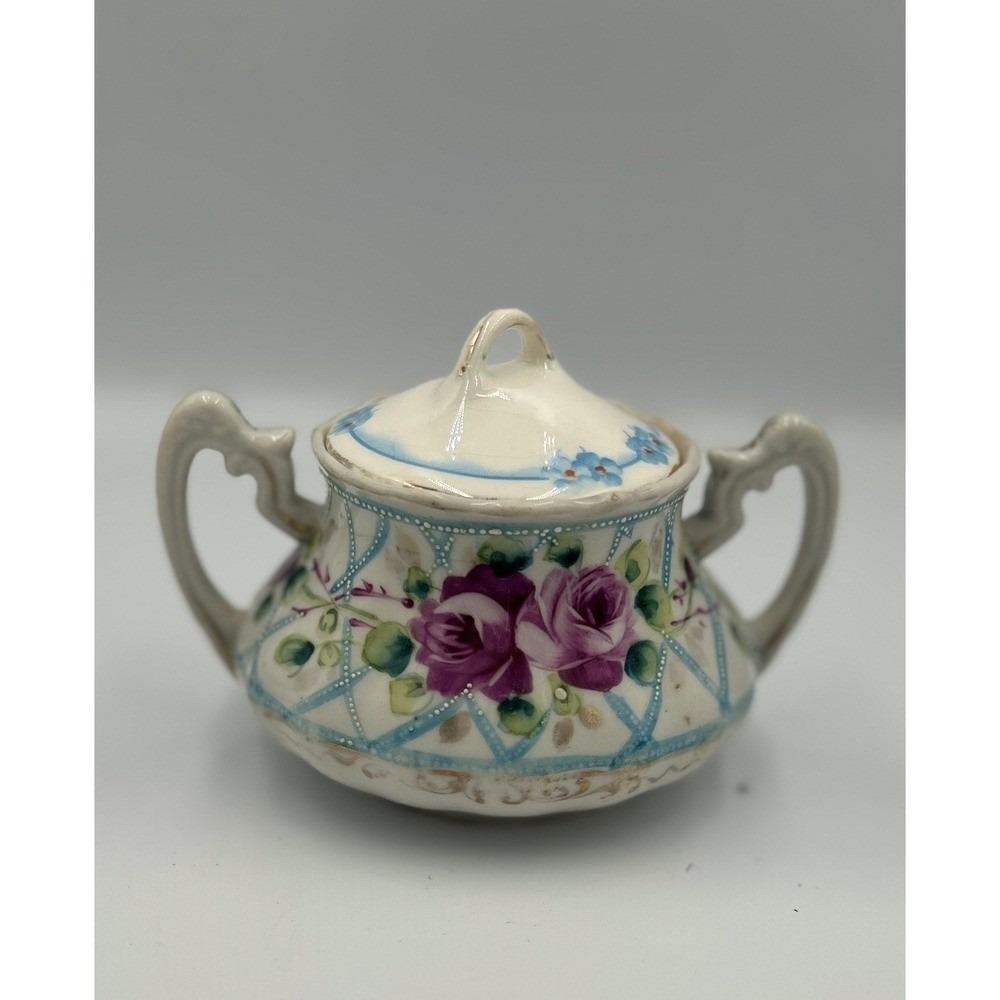 Vintage Porcelain Hand painted Floral Pink Blue Sugar Jar Double Handles Lid